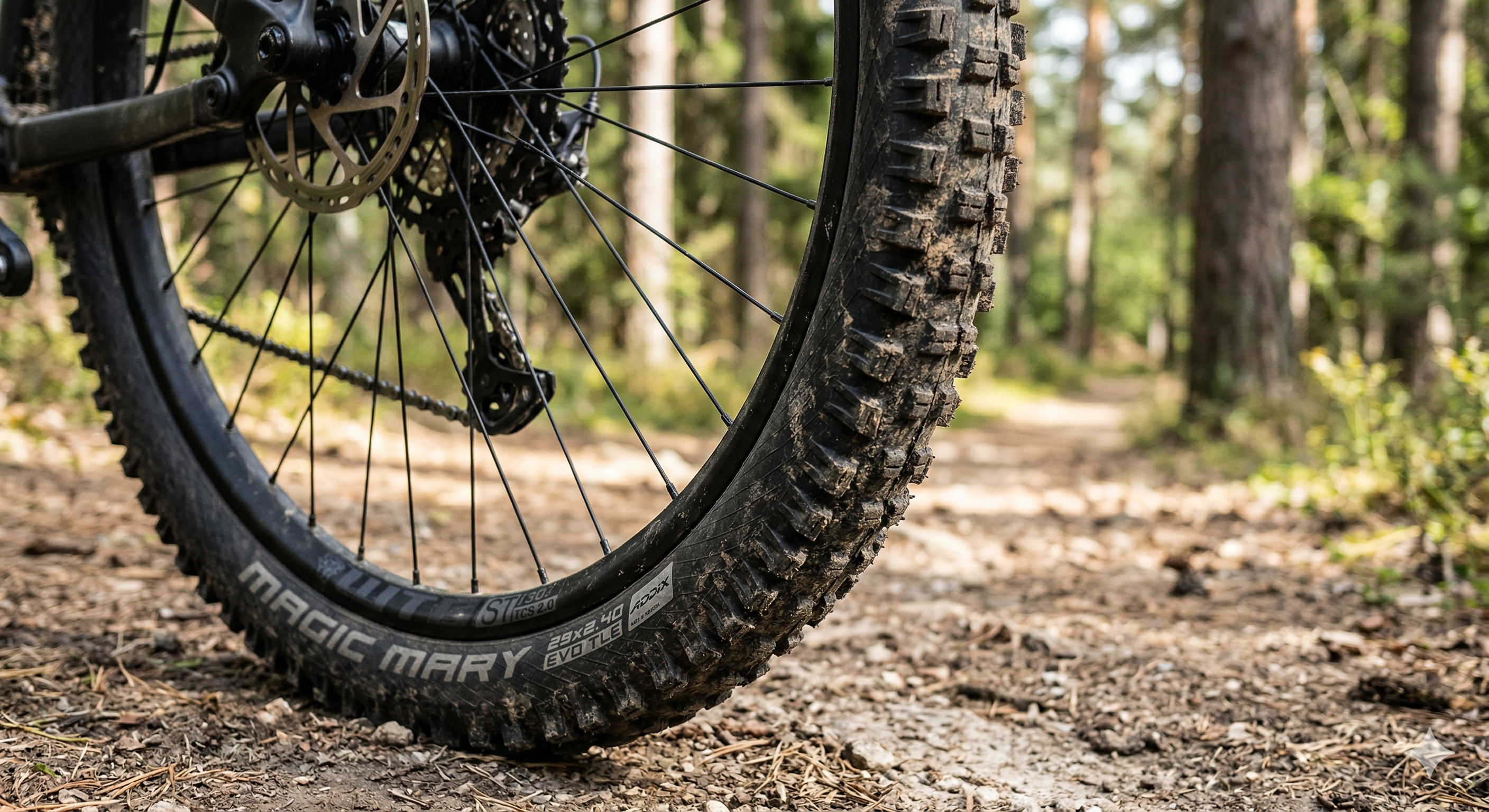Zbliżenie na oponę rowerową i koło z widocznym bieżnikiem